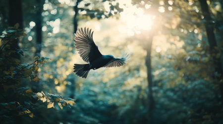 Detailed shot of a bird flying through a forest, with trees and leaves creating a natural backdropの素材
