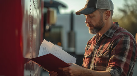 Close-up of a truck driver checking delivery paperwork at a loading dock, with emphasis on the truck and goodsの素材