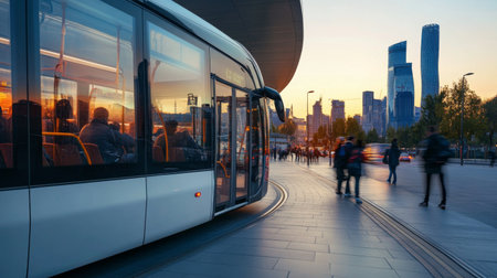 Close-up of a transportation hub with passengers boarding a modern bus and the city skyline in the backgroundの素材