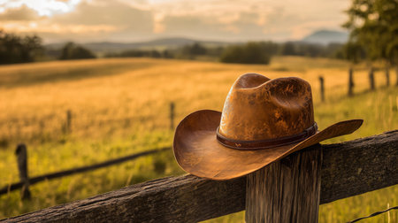 Close-up of a vintage cowboy hat with a leather band, placed on a rustic wooden fence with a country landscapeの素材