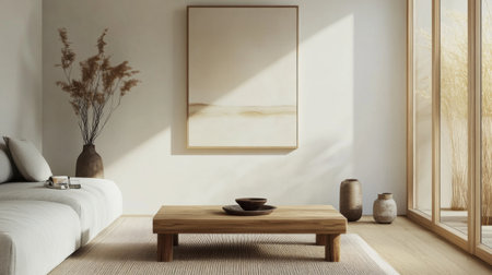 Close-up of minimalist decor elements in a living room, including a low coffee table, simple artwork, and subtle color accentsの素材