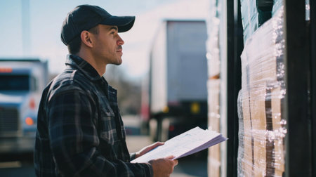 Close-up of a truck driver checking delivery paperwork at a loading dock, with emphasis on the truck and goodsの素材