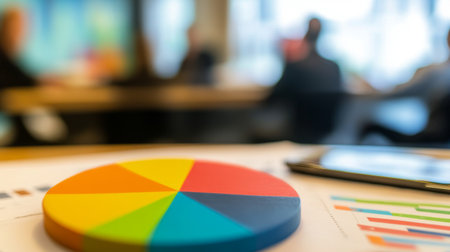 Colorful pie chart in the foreground with blurred business meeting in the backgroundの素材