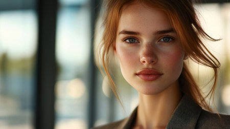 Close-up of a young businesswoman with a focused look, wearing a blazer and with natural lighting highlighting her featuresの素材