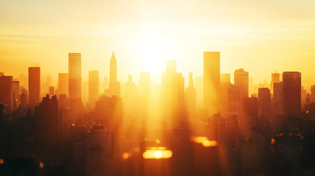 Detailed shot of a city skyline in silhouette with the sun setting behind the buildings, creating a dramatic urban sceneの素材