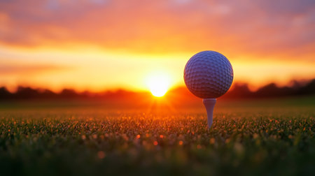 Detailed shot of a golf tee and ball against a vibrant sunrise or sunset, with dramatic lighting and colorsの素材