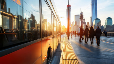 Close-up of a transportation hub with passengers boarding a modern bus and the city skyline in the backgroundの素材