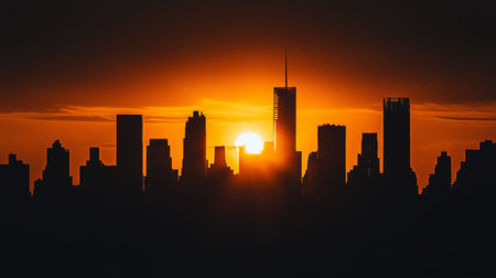 Detailed shot of a city skyline in silhouette with the sun setting behind the buildings, creating a dramatic urban sceneの素材