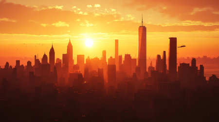 Detailed shot of a city skyline in silhouette with the sun setting behind the buildings, creating a dramatic urban sceneの素材