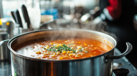 Detailed shot of a large stock pot with a hearty soup inside, with steam rising and kitchen utensils visibleの素材