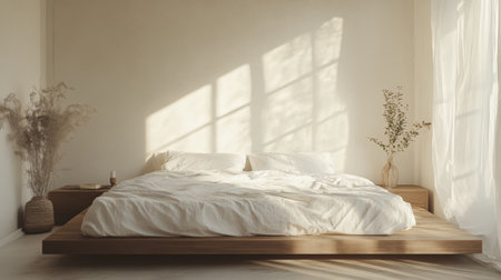 Detailed shot of a minimalist bedroom with a low-profile bed, simple bedding, and a serene, clutter-free atmosphereの素材