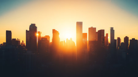 Detailed shot of a city skyline in silhouette with the sun setting behind the buildings, creating a dramatic urban sceneの素材