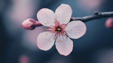Detailed shot of a blooming cherry blossom, capturing the subtle pink hues and fine detailsの素材