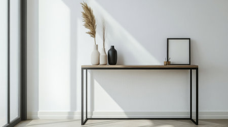 Detailed shot of a minimalist entryway with a sleek console table, a few decorative items, and a focus on clean lines and simplicityの素材