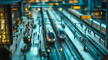 Detailed shot of a railway station with high-speed trains arriving and departing, and commuters waitingの素材
