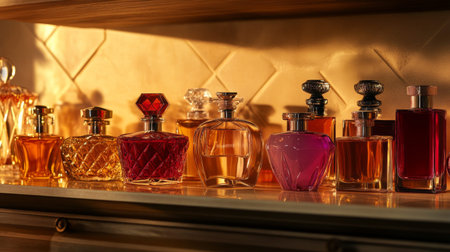 Detailed shot of a collection of high-end perfume bottles on a vanity table, showcasing various shapes and colorsの素材