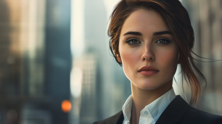 Detailed shot of a businesswoman with a clear, focused expression, dressed in business attire and standing against a cityscape backgroundの素材