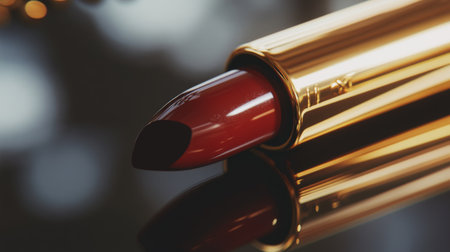 Detailed shot of a lipstick with a glossy finish, lying on a mirror with a reflection that enhances its color and textureの素材