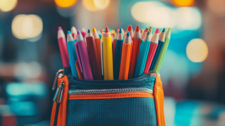 Detailed shot of a pencil case filled with an assortment of colored pens and markers, with a soft, blurred backgroundの素材