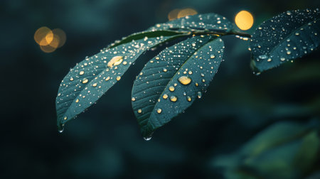 Detailed shot of a leaf with droplets of water forming a pattern, with a blurred background emphasizing the dropletsの素材
