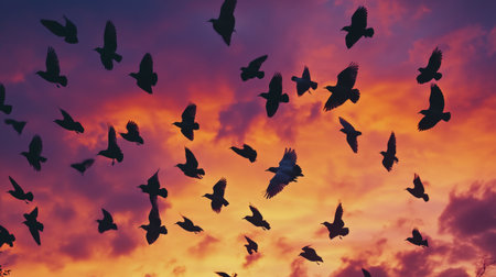Detailed shot of a flock of birds flying in silhouette against a dramatic orange and purple sky at duskの素材