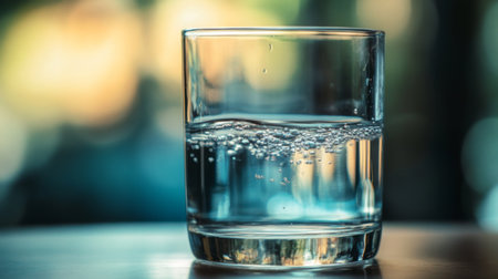 Detailed shot of a glass of water with a soft focus background and a gentle ripple on the surfaceの素材
