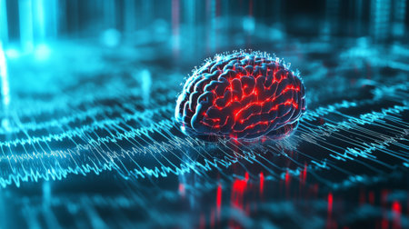 Detailed shot of a modern EEG device with electrical wave patterns representing brain activityの素材