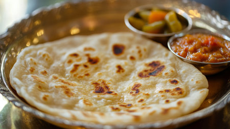 Detailed shot of a roti with a perfectly golden surface, placed on a traditional Indian serving dish with a side of picklesの素材