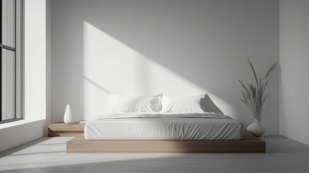 Detailed shot of a minimalist bedroom with a low-profile bed, simple bedding, and a serene, clutter-free atmosphereの素材