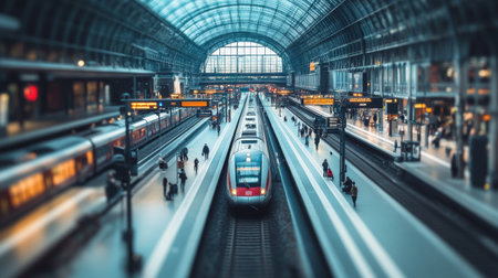 Detailed shot of a railway station with high-speed trains arriving and departing, and commuters waitingの素材