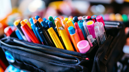 Detailed shot of a pencil case filled with an assortment of colored pens and markers, with a soft, blurred backgroundの素材