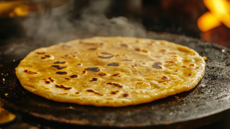 Detailed shot of a roti being cooked on a hot griddle, with golden-brown spots and steam rising from the surfaceの素材