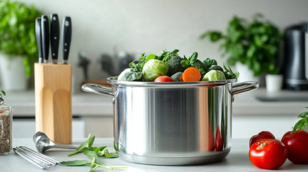 Detailed shot of a pot with freshly prepared vegetables and herbs, set on a kitchen counter with cooking tools nearbyの素材