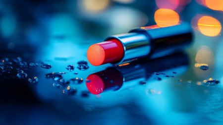 A close-up of an open lipstick tube in a vibrant shade, with the product slightly twisted up, placed on a mirrored surface reflecting the color.の素材