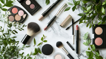 A beautifully arranged flat lay of various makeup products, including lipsticks, eyeshadows, and brushes, on a marble surface, with a touch of greenery for a fresh look.の素材
