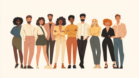 A diverse group of people standing side by side, showing different body types, skin tones, and ages, celebrating the beauty of human diversity.の素材