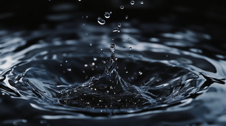A high-speed capture of a water droplet splashing into a pool of water, with the droplets frozen in mid-air, creating a dynamic and powerful image.の素材