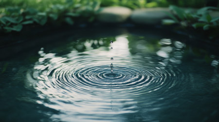 A water droplet falling into a calm pool, creating ripples that expand outward, symbolizing tranquility and the beauty of nature's simplicity.の素材