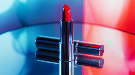 A close-up of an open lipstick tube in a vibrant shade, with the product slightly twisted up, placed on a mirrored surface reflecting the color.の素材