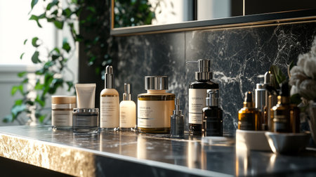 A collection of luxury skincare bottles and jars neatly displayed on a vanity, with soft lighting creating an elegant and sophisticated ambiance.の素材