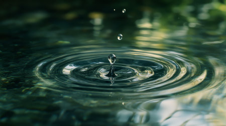 A water droplet falling into a calm pool, creating ripples that expand outward, symbolizing tranquility and the beauty of nature's simplicity.の素材