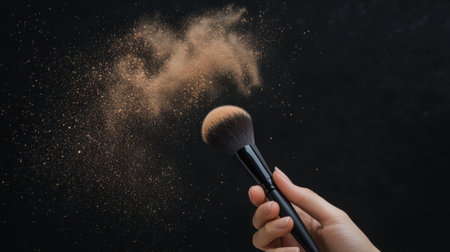 A hand holding a sleek, modern makeup brush, with powder particles softly dispersing into the air, captured in a dynamic and artistic shot.の素材