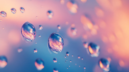 Water droplets on a smooth glass surface, with soft light refracting through them, creating a minimalist and abstract visual effect.の素材