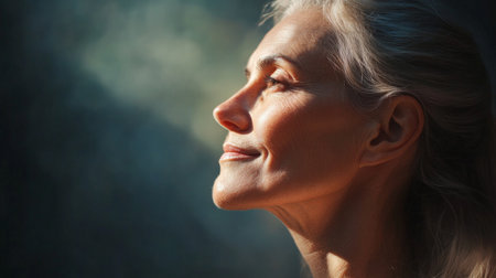 A side profile of a 50-year-old woman with healthy, glowing skin, softly lit to emphasize her natural beauty and the grace that comes with age.の素材