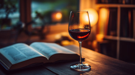 An elegant wine glass filled with red wine, placed on a dark wooden table, with a background of an open book and a softly glowing lamp.の素材