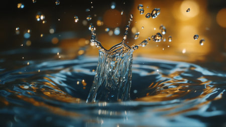 A high-speed capture of a water droplet splashing into a pool of water, with the droplets frozen in mid-air, creating a dynamic and powerful image.の素材