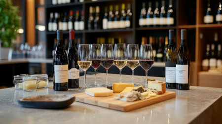 A wine tasting setup with various bottles of wine, glasses, and a cheese platter, arranged on a stylish, modern table in a tasting room.の素材