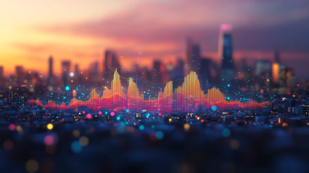 A 3D area chart with layered colors showing financial trends, with the chart set against a blurred cityscape background.の素材