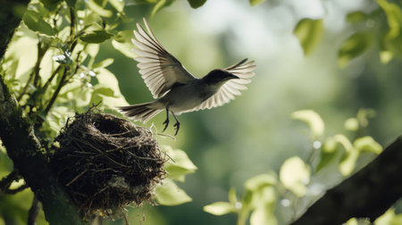 A bird flying towards a nest, captured with clear details of its outstretched wings and a nearby tree branch.の素材