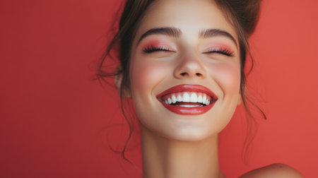 A beautifully made-up woman smiling confidently, with her makeup emphasizing bold eyeliner and glossy lips.の素材